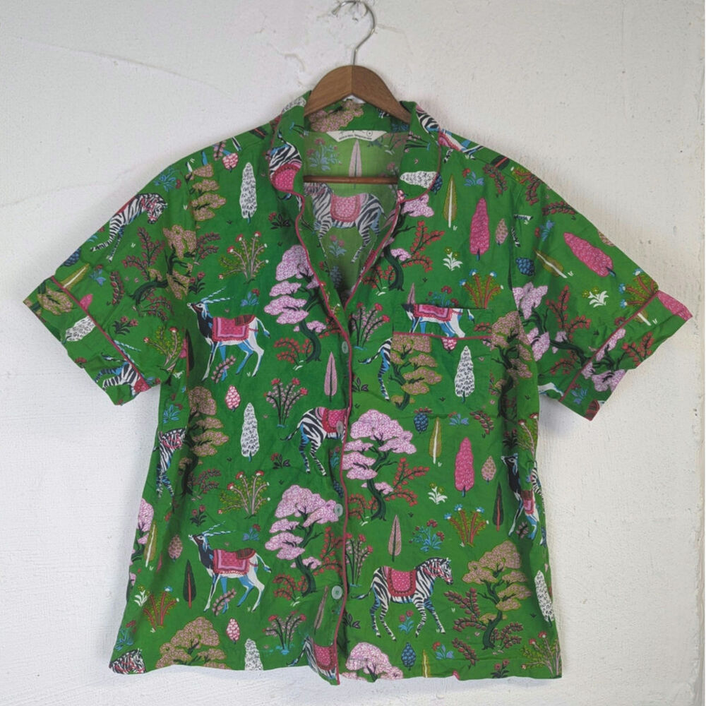 Print Fresh Pajama Top Shirt Green Jungle Animal Print Organic Cotton Medium